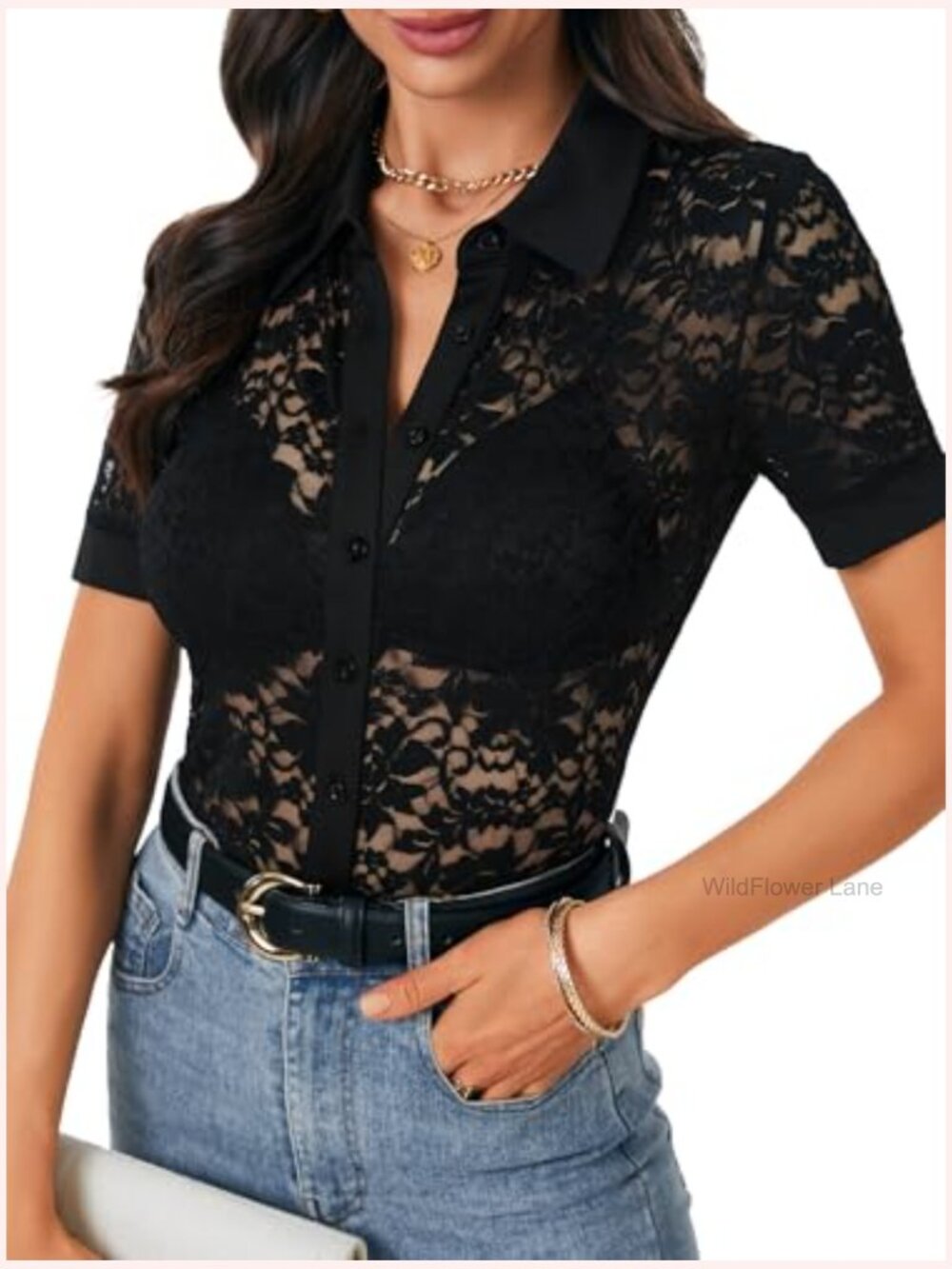 Lace Button Up Short Sleeve Blouse Sheer Collared Shirt Dressy Casual Top - Picture 2 of 7